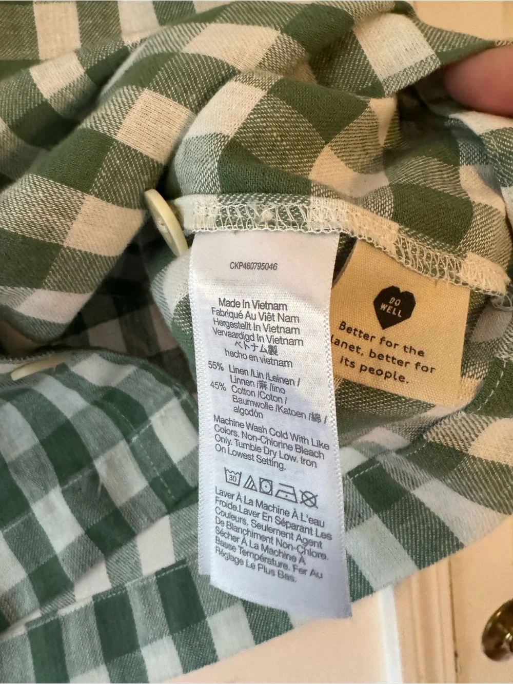 Linen-Cotton Square-Neck Button-Front Top in Gingham Check